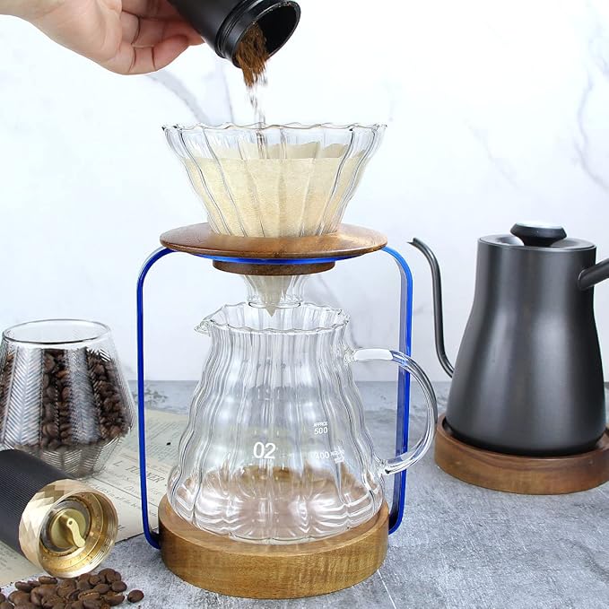 SOTECH Pour Over Coffee Dripper Stand with Metal Stand Wooden Filter Holder Glass Server with Paper Coffee Filters, Coffee Maker Stand Set for Coffee Tea and Saffron