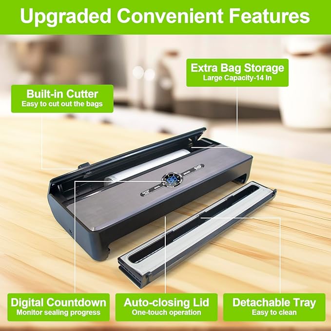 Automatic Vacuum Sealer Machine for Food, 9-IN-1 with Cutter, Bag Storage, Moist & Dry & Liquid & Soft, External VAC for Jars and Containers, 85kPa with Starter Kits -1*Bag Roll&10*Bags