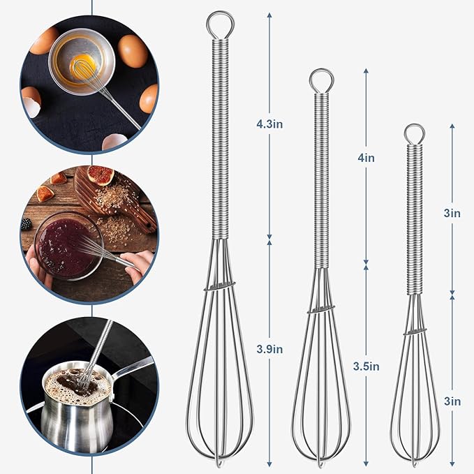 Walfos Mini Whisk,304 Anti-Rust Small whisk,Sturdy Stainless Steel Wire Tiny Whisks 6+7+8in,Ideal for mixing individual eggs, jams, spices and other small portion ingredients.(3pcs）
