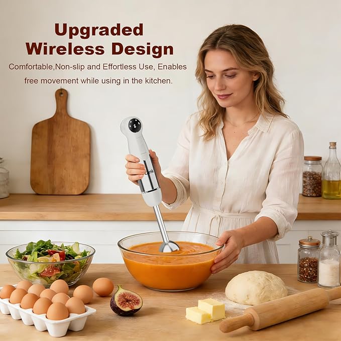 Cordless Immersion Blender Hand Blenders Set,Variable Speed 4 in 1 Stick Emulsifier with Chopper and Whisk for Soup, Baby Food and Smoothies,White