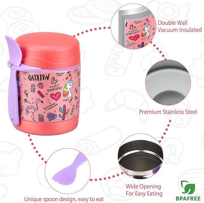 Insulated Soup Jar for Kids - 10oz, Leak Proof, Stainless Steel, Wide Mouth, Pink-Flamingo