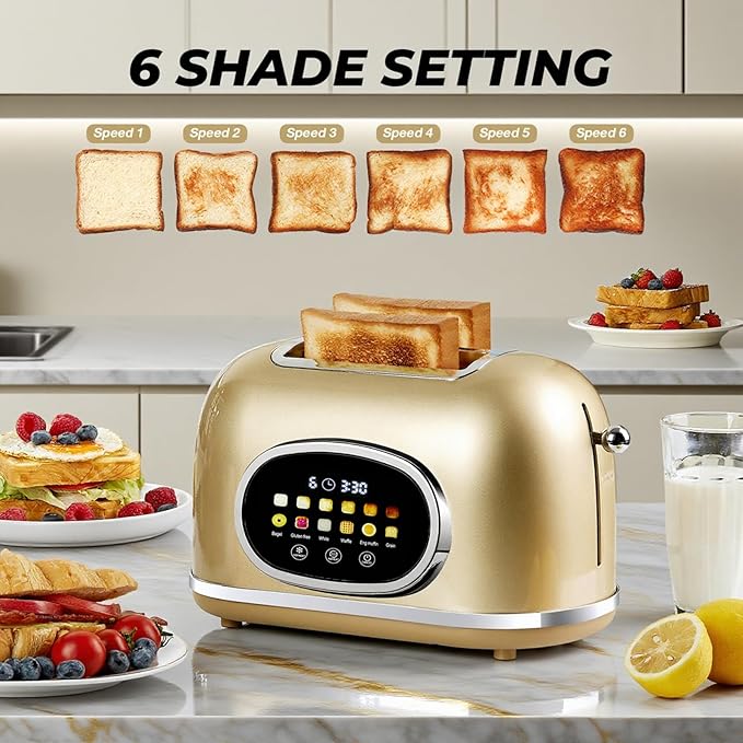Roter Mond 2 Slice Toaster Smart Touch Screen, Retro Stainless Steel Bread Toaster with Digital Timer, Sleep Mode, Bagel, Cancel, and Defrost Functions, 6 Bread Types and Shade Settings, Gold