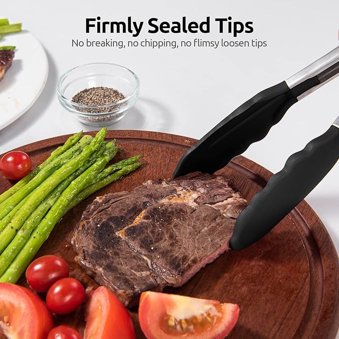 Heat Resistant Silicone Kitchen Tong: U-Taste 9 inch 480ºF Hot Proof Cooking Tong with Firm Sealed Non Stick Rubber Tips & Silicon Coated Steel Handle & Smooth Locking for Serving Grill Salad (Black)