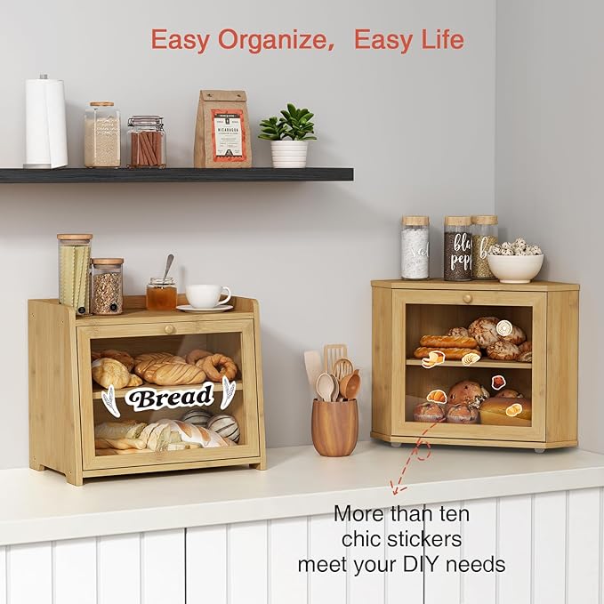 Goozii Bamboo Corner Bread Box for Kitchen Counter, 2 Tier Bread Keeper Wooden Round, Farmhouse Bread Storage Bin for Kitchen Countertop, Counter Organizer for Bread, Cup, Fruit, Spice, Snack