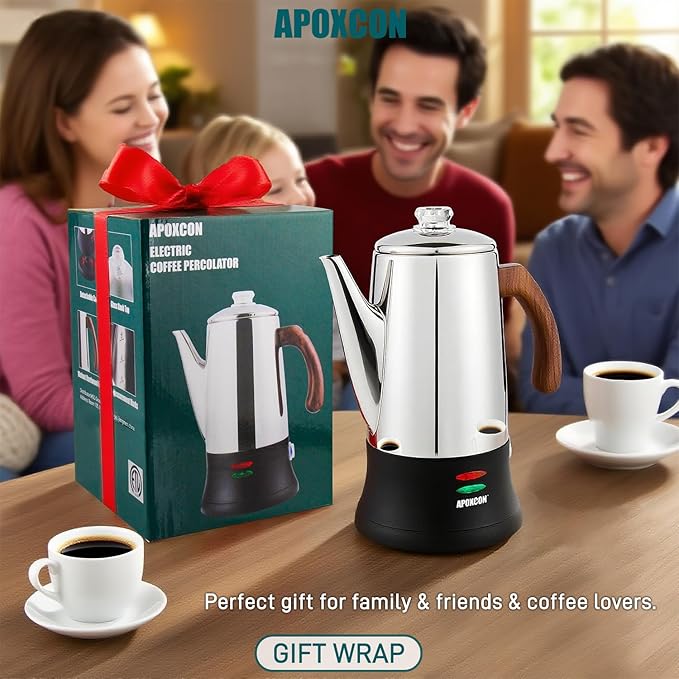 APOXCON Electric Coffee Percolator Stainless Steel Coffee Maker with Two Heat Resistant Glass Knob & Treated Solid Wood Handle Keep Warm Cordless Serve Elegant Design Coffee Pot On/OFF Switch 8 Cup