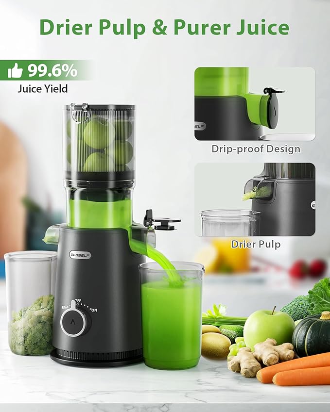 ECOSELF Juicer Machines - Wide Mouth Feed Chute For Fruits and Leafy Greens - Juice Extractor Machine With Self Feeding & Hands-Free Design For Family - Cold Press Juicer Easy to Clean（With Brush）