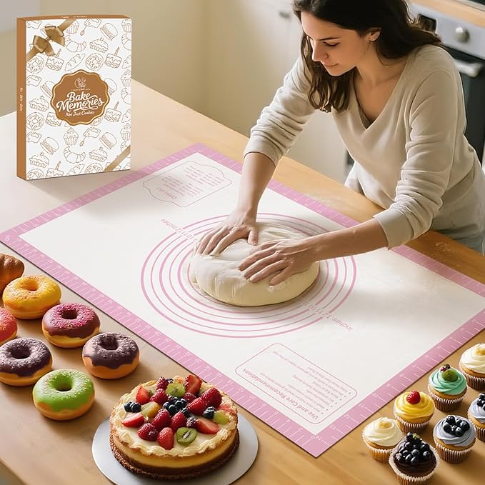 Non-stick Silicone Pastry Mat, Extra Large Baking Mat for Cookie Bread Pizza Pie Crust, Silicone Dough Mat for Rolling, Non-slip& Heat Resistant Pink 32X24 INCH