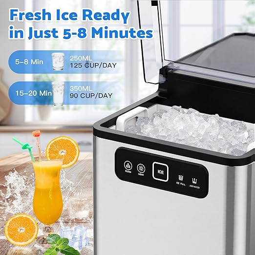 Nugget Ice Maker Countertop,Pellet Ice Machine Chewable Ice 40Lbs/Day,Ready in 5 Mins, Self-Cleaning,Compact Crushed Ice Maker with Scoop for Home/Kitchen/Office, Stainless Steel