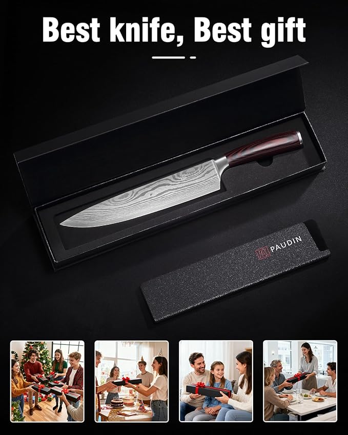 PAUDIN Chef Knife, 9 Inch High Carbon Stainless Steel Sharp Kitchen Knife with Sheath, Pakkawood Handle, Gift Box for Vegetables and Meat