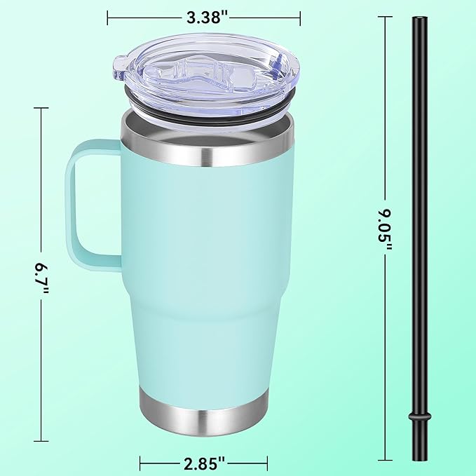 20 oz Stainless Steel Tumbler with Handle Bulk Metal Insulated Tumblers Travel Coffee Mug with Handle Double Wall Tumbler Cup with Lid and Straw, Mint Green 6 Pack