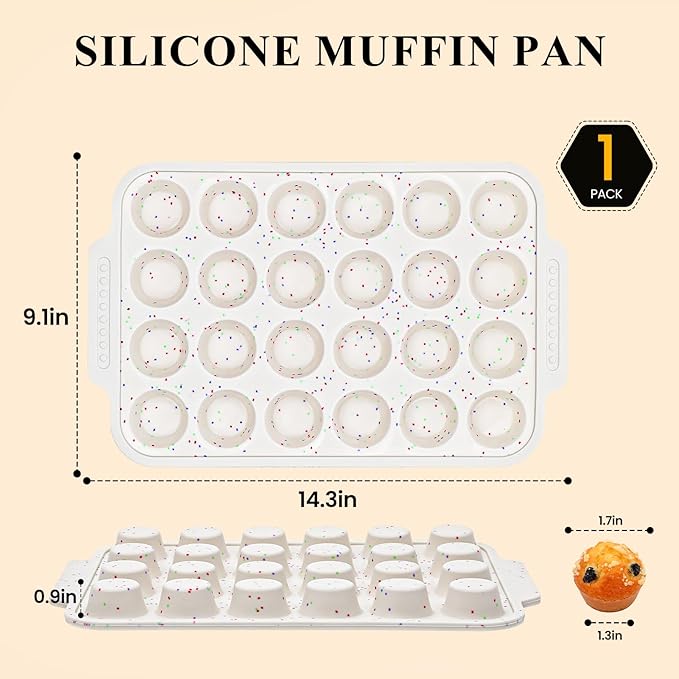 Vinino Silicone Mini Muffin Pan for Baking, 24 Cups Mini Cupcake Pan with Reinforced Frame, Nonstick Muffin Tray with Non-Slip Handle, Silicone Molds for Oven, BPA Free, Dishwasher Safe