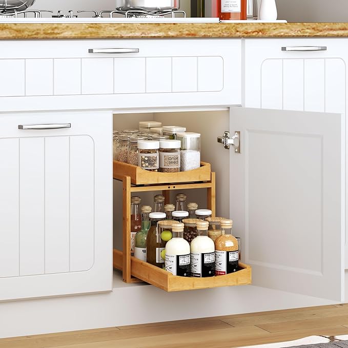MHXW SXPN Bamboo Under Sink Organizer and Storage, Pull Out Cabinet Organization, 2 Tier Vertical Slide Out Undersink Storage Shelf, Organizer Shelves for Kitchen Bathroom Medicine (Natural, 2 Pack)
