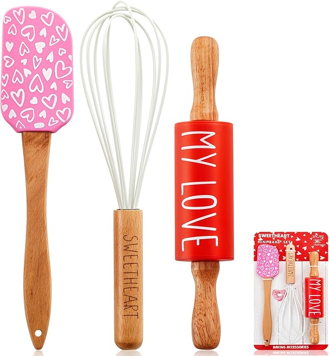 Fuutreo Valentines Holiday Mini Bake Set with Mini Spatula, Whisk and Rolling Pin, Sweetheart Pattern, Heat Resistant, Valentine Sweet Gift Bake Set for Baking Cooking Sauteing Mixing Serving Stirring