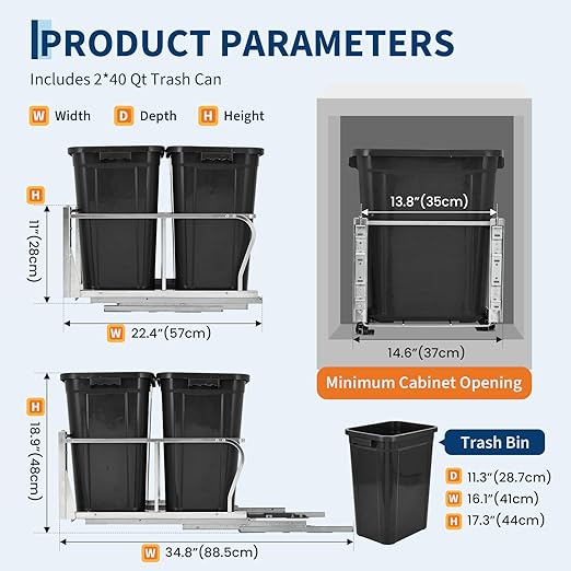 2 x 10 Gal Pull Out Trash Can Under Cabinet, Under Sink Garbage Bin Kit with Soft-Close Slides, Recycling and Waste Combo for Kitchen, Laundry | Requires Minimum Cabinet Opening 18" W x 24" D
