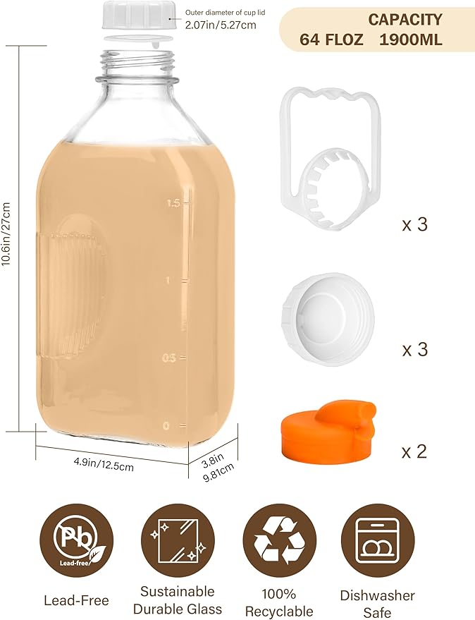 KMIGRUAN 64oz Heavy Duty Glass Milk Bottle with Handle and Airtight Reusable Lids,3Pack Glass Milk Container for Refrigerator,Juice Jugs With 2 Exact Scale Lines