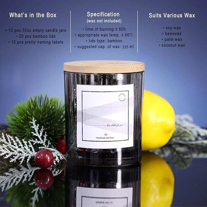 LAMORGIFT 10oz Dark Gray Glass Candle Jars With Lids (12 Pack) - Making Containers Include 15 Pcs Labels - Mercury Glass Jars