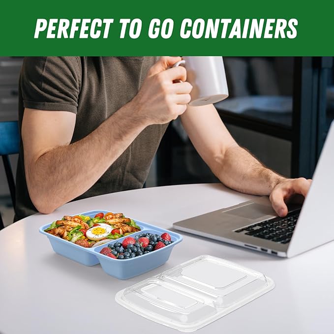 Dealusy 50 Pack (100-Piece) 28 oz Meal Prep Containers Reusable with Lids 2-Compartment, Sturdy Leakproof Food Safe, Microwave Freezer Dishwasher Safe, To Go Take Out Plastic Food Storage, Blue