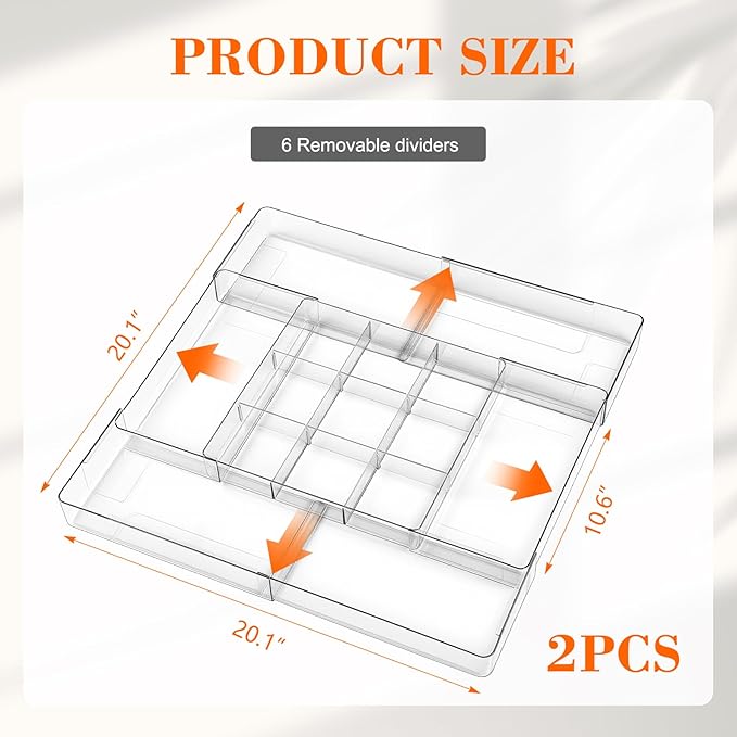Briwooody 2 Pcs Large Expandable Acrylic Drawer Organizers, Grid Adjustable Drawer, Dividers Organizer for Desk, Makeup, Jewelry, Office, Kitchen Supplies (Clear,15 Compartments)