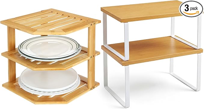 Nuanchu 3 Pcs Cabinet Organizer Shelf Bamboo Corner Rack for Kitchen Counter and Kitchen Counter Shelves for Storage Plates Dishes Bowls Bread Spice Rack Stackable Expandable