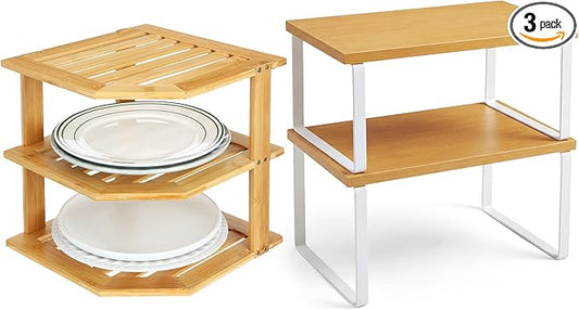 Nuanchu 3 Pcs Cabinet Organizer Shelf Bamboo Corner Rack for Kitchen Counter and Kitchen Counter Shelves for Storage Plates Dishes Bowls Bread Spice Rack Stackable Expandable