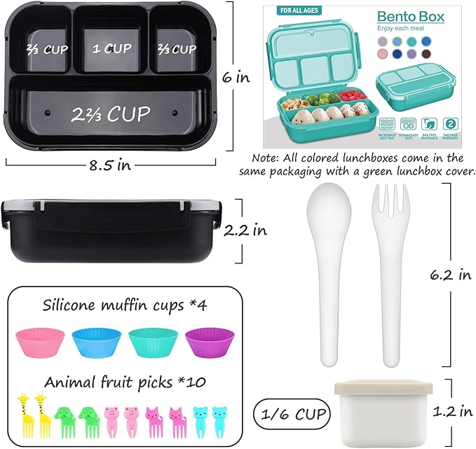 QQKO Bento Box for Kids Adults, School Toddler Lunch Box for Boys Girls, Lunch Box Containers with 4 Compartments, Sauce Container, Utensils, Food Picks and Muffin Cups for School, Black Gray