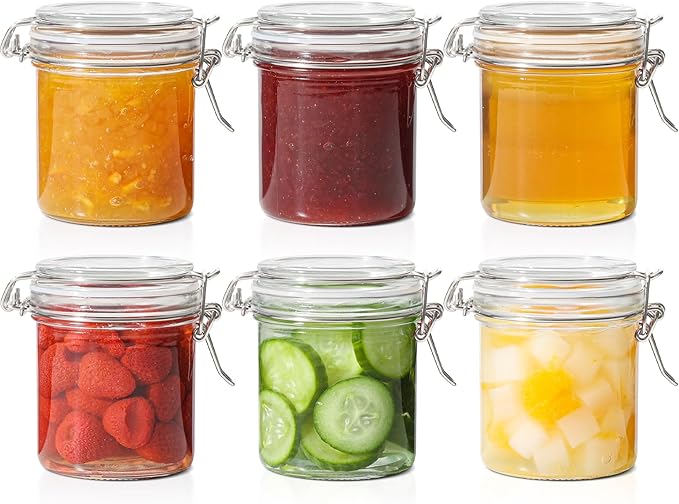 ComSaf 8oz Glass Jars with Airtight Lids (Set of 6), Cylindrical Jelly & Spice Jars for Pantry Organization, 240ml Small Canisters with Wire Clamp for Sourdough Discard, Jam, Honey & More