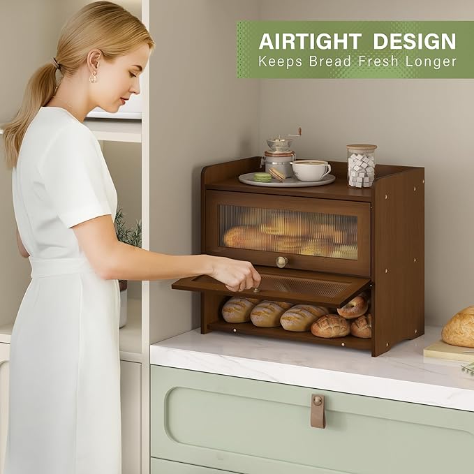 JANSNIMEN Large Bread Box for Kitchen Countertop Wooden Double Layer Breadbox Organizer with Window Vintage Farmhouse Bread Storage Container for Homemade Bread (Brown)