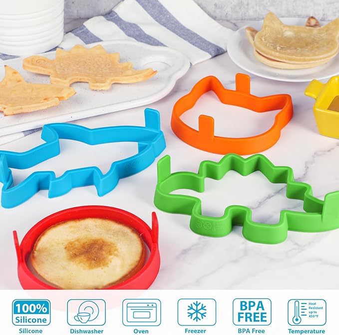 Kamehame Silicone Pancake Molds for Shark, Round, Cat, Dinosaur Shape Pancakes, 4 Pack Nonstick Pancake Shaper for kids, Fun Shapes Cake Ring Mold for Griddle Cooking