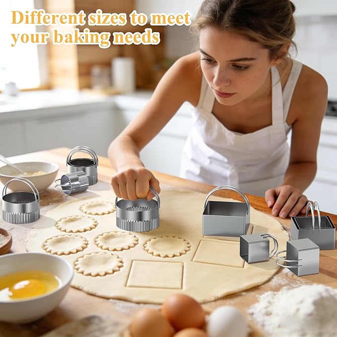 Biscuit Cutter Set of 10 pcs, Square and Fluted Cookie Cutter Set with Handle, Stainless Steel Round Biscuit Cutters, Professional Baking Dough Tools