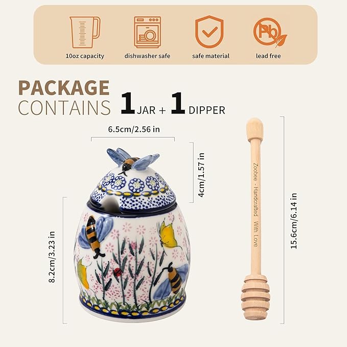 ZOOBEE 10oz Ceramic Honey Pot with Dipper and Lid, Handpainted Honey Dispenser with Bee-Themed, Dishwasher-safe Honey Jar for Kitchen-Lavender Allure