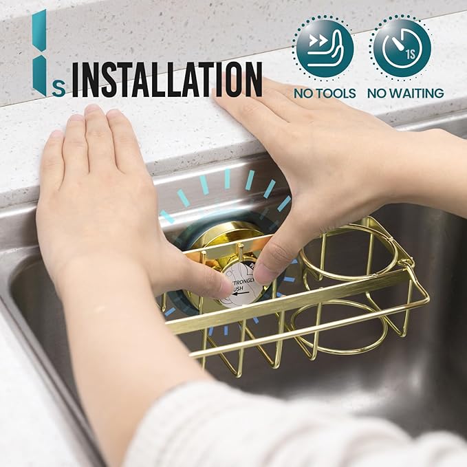 TAILI Sponge Holder with Strong Suction Cup, 4-in-1 Rustproof Sink Organizer - Sink Caddy Holds Sponges, Brushes, Stoppers & Scrapers -Gold