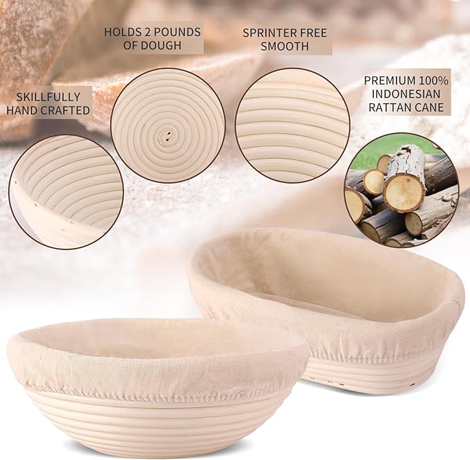 Banneton Proofing Basket Set - 9-inch Round and 10-inch Oval Bread Baking Supplies, Sourdough Tools & Bread Making Accessories for Artisan Baking