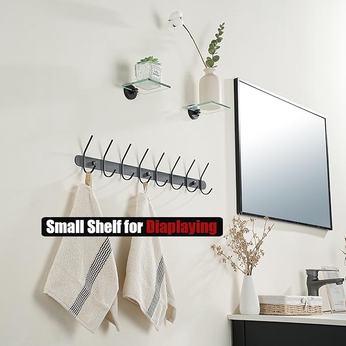 JQK Small Floating Glass Shelves Black, 4 Inch Display Ledges for Wall, Mini Decor, Living Room Bedroom Bathroom, Tempered Glass Shower Storage, 2 Pack, TGS101L4-PB-P2