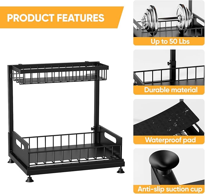 Saydear Under Sink Organizer Storage 2-Tier Premium Metal Pull-Out Kitchen Cabinet Organizer with Sliding Drawer, Height Adjustable, Heavy Duty for Kitchen & Bathroom Organizers 2 Pack Black