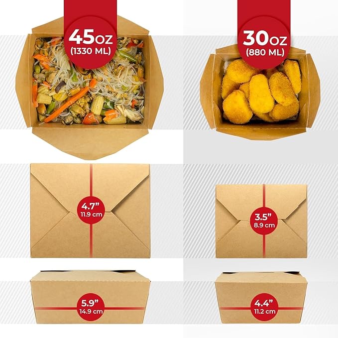 Chinese Takeout Storage Containers (70 Pack) 30oz - Kraft Brown Cardboard Paper Togo - Take Out Boxes - Biodegradable Eco To Go Food For Restaurants Catering Party