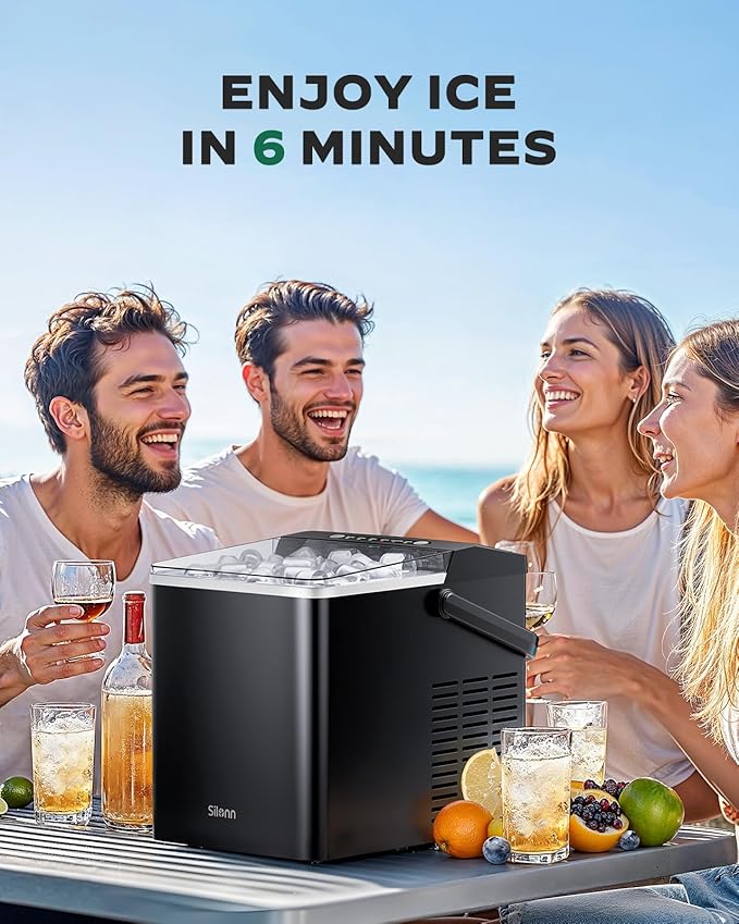 Silonn Ice Maker Countertop, Portable Ice Machine with Carry Handle, Self Cleaning Ice Makers with 1.8 L Water Tank and Big Ice Basket, 9 Cubes in 6 Mins, Ideal for Home Kitchen RV