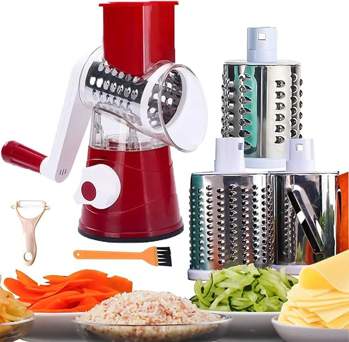 Rotary Cheese Grater Grinder Vegetable Shredder 3-in-1 Vegetable Slicer Shredder for Cheese Potato Onion Cucumber Carrot Red