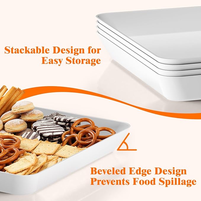 SpaceTrove 8-Pack Serving Tray Set, Reusable Plastic Serving Platter for Party Supplies, Entertaining, Grilling Accessories, Stackable Kitchen Snack Box Container for Dessert, Fruit, Cookie, (White)