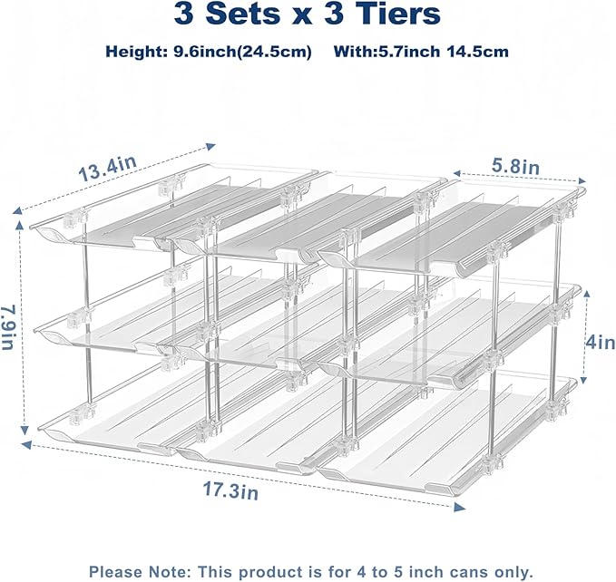 Dayacoco Can Organizer For Pantry,3 Sets 3 Tiers Pantry Organizers And Storage, Pantry Organizer for Fridge 36 Standard and Tall Cans Rack Automatic Rolling Stackable Canned Food Organizer, Clear