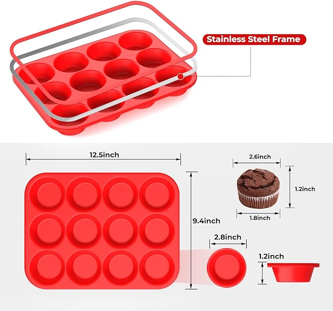 Silicone Muffin Pan for Baking: 24 Cup Muffin Pan with Metal Reinforced Frame, Regular Size Cupcake Egg Bites Molds for Baking, BPA Free Silicone Muffin Tray, Dishwasher Safe (2 Pack, Red)