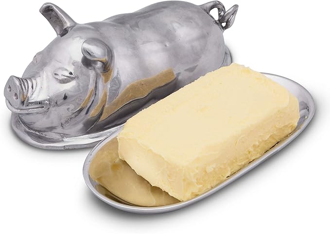 Arthur Court Happy Pig Covered Butter Cream Cheese Dish Container Keeper Hand Polished Tarnish Free Artisan Quality Farmhouse Table 7.5 inch Long