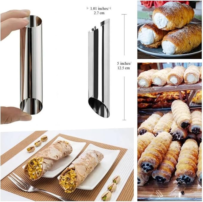 Stainless Steel Cannoli Forms Set, 5 Large Cannoli Forms, 5 Large Hones Mould, 5 Small Croissant Form, Cleaning Brush, Reusable Icing Bag and Long Frosting Tip for Puff Cupcakes Pastry