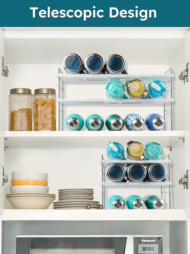 10.6-16.7" Adjustable Width Water Bottle Organizer for Cabinet, 3-Tier Expandable Water Bottle Holder Rack, Cup and Tumbler Storage for Kitchen Organization, Sports Flask, Insulated Travel Mug, Fridge