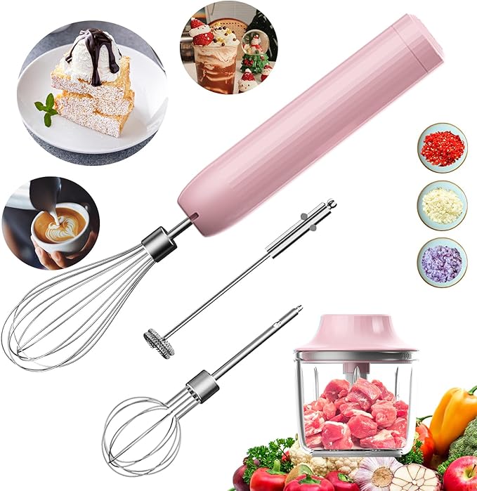 Cordless Hand Mixer with Whisk and Forther Wand,Electric Whisk, Milk Frother,Coffee Frother, Whisks for Cooking,Handheld Frother,Food Chopper, Baby Food Maker,4-Speed, 10Oz