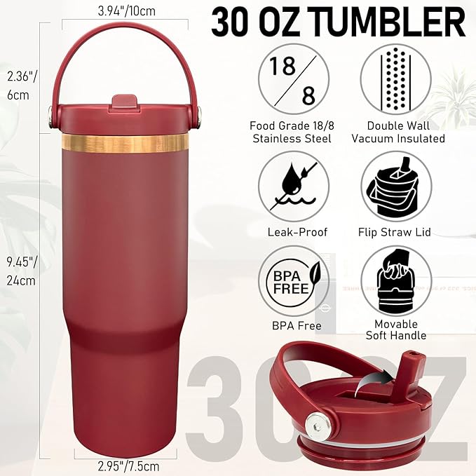 30 oz Tumbler Bulk with Handle and Straw, Vacuum Insulated Tumblers with Flip Straw and Top Handle, Leakproof Powder Coated Tumbler, Stainless Steel Travel Mug for Coffee Water (Red, 4 Pack)