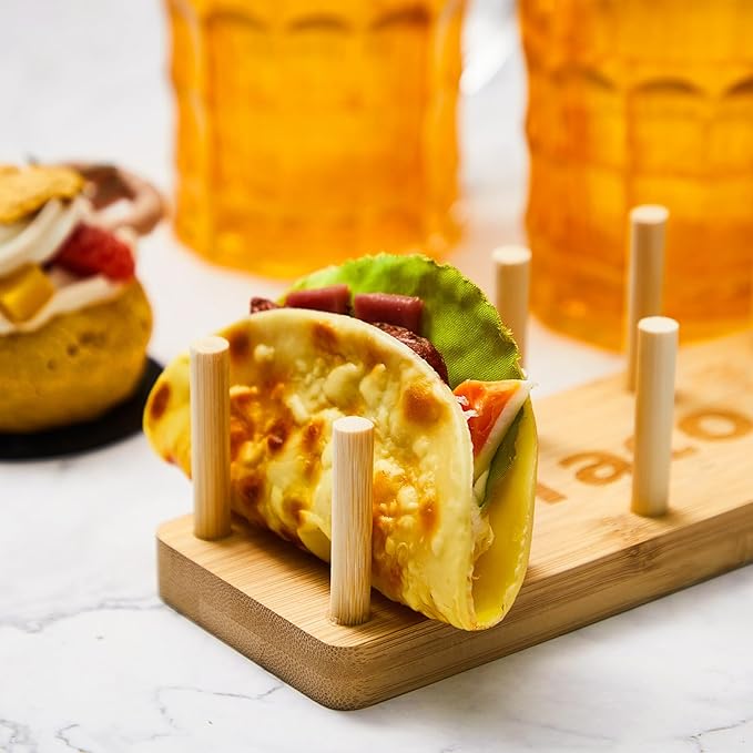 Pinkunn 4 Pcs Bamboo Taco Tray Holder Holds 8 Rack Tray Soft or Hard Shell Tacos Food Serving Stand for Tortillas Burritos Kitchen Accessory Housewarming Gift