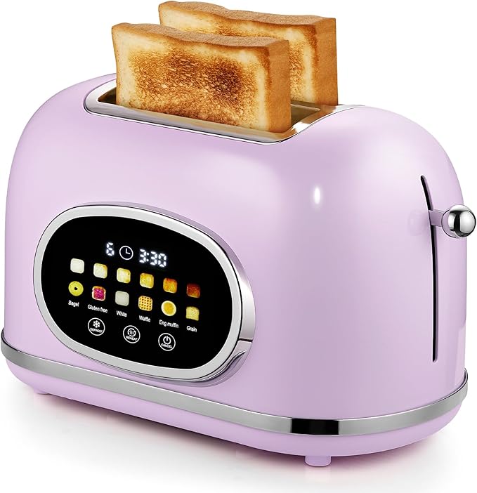 Roter Mond 2 Slice Toaster Smart Touch Screen, Retro Stainless Steel Bread Toaster with Digital Timer, Sleep Mode, Bagel, Cancel, and Defrost Functions, 6 Bread Types and Shade Settings, Light Purple