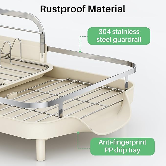 SAYZH Dish Drying Rack - Expandable Dish Rack for Kitchen Counter, Rust-Resistant Dish Drainer with Utensil Holder and Raised Guardrail, Kitchen Organizer for Cup and Bottle (Beige)