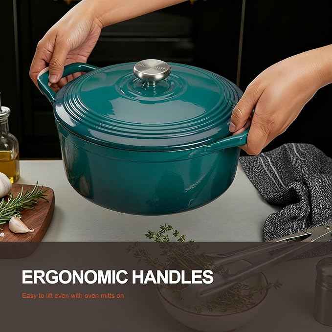 Overmont Enameled Cast Iron Dutch Oven - 5.5QT Pot with Lid Cookbook & Cotton Potholders - Heavy-Duty Cookware for Braising, Stews, Roasting, Bread Baking Bottle green