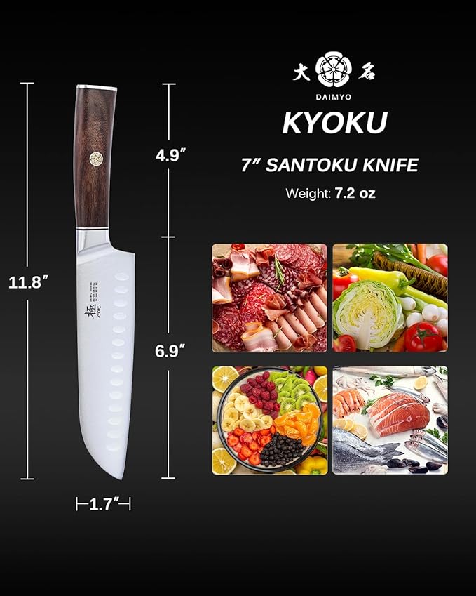 KYOKU 7 Inch Santoku Knife - Daimyo Series - Asian Knife Japanese Chef Knife with Ergonomic Rosewood Handle, & Mosaic Pin - Japanese Style 440C Stainless Steel Kitchen Knife with Sheath & Case